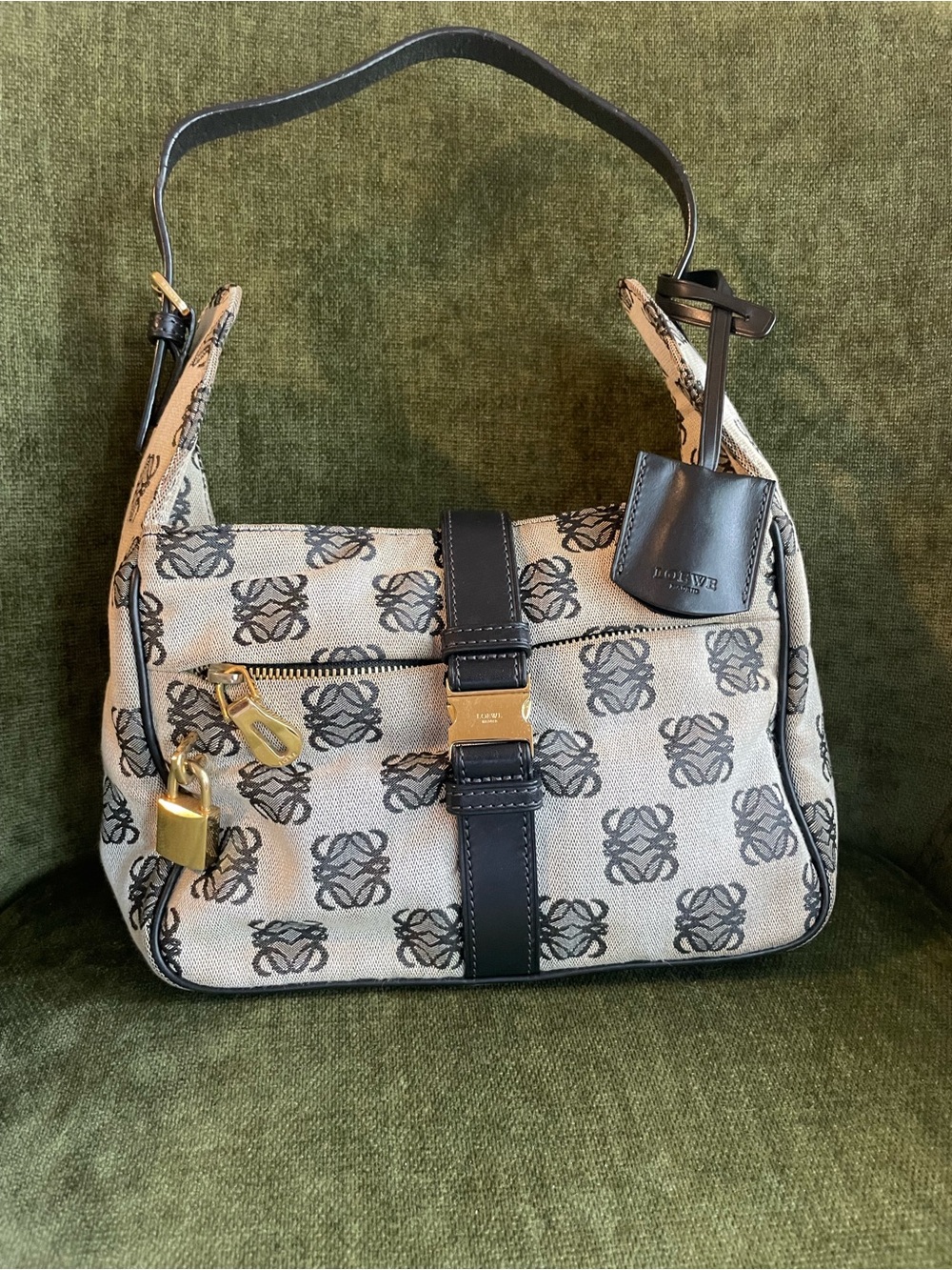Loewe Vintage Anagram Jacquard Canvas Shoulder Bag Black Leather